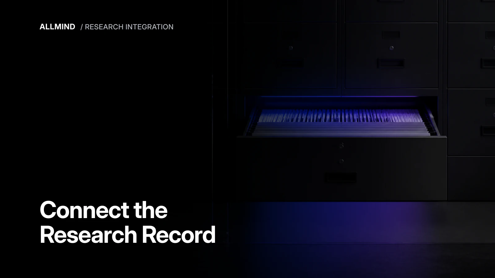 An open file drawer illuminated in blue beneath a dark archive cabinet, an editorial illustration of an organized research record.