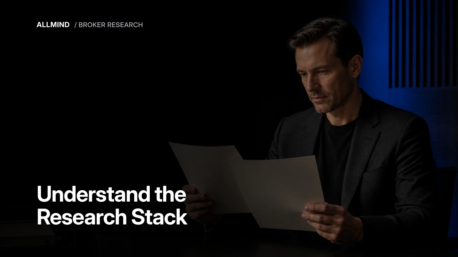 An analyst reviewing two blank sheets at a dark table, an editorial illustration of evaluating research.